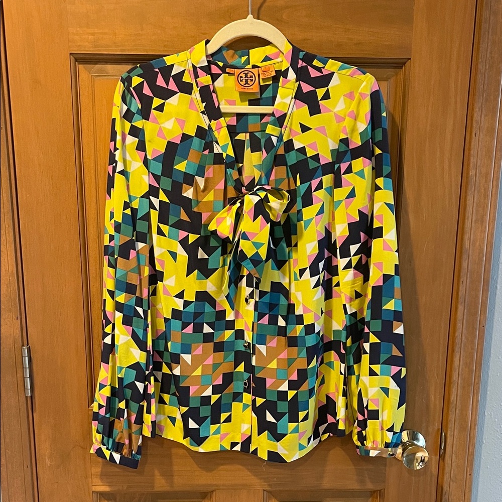 Tory Burch Multicolor Geometric Blouse with Bow